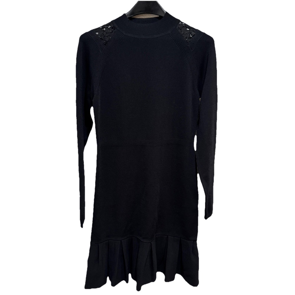 Karen Millen Pleated Hem Dress Size M Black Mock Neck Ribbed Knit Quiet Luxury‎